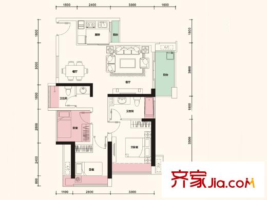 保利上城户型图4栋K户型 3室2厅2卫1厨
