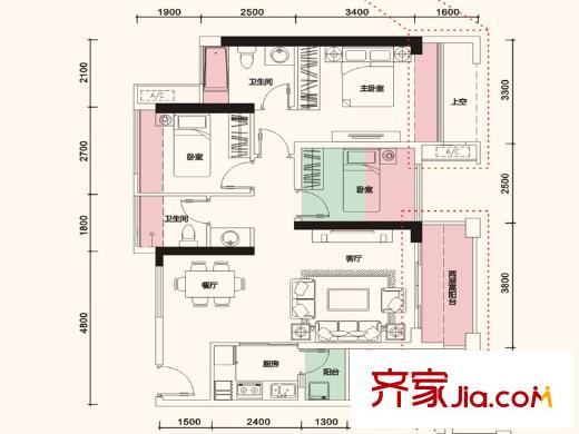 保利上城户型图4栋2单元I户型 3室2厅2卫1厨