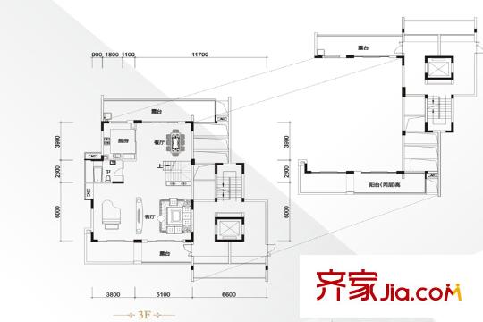 星河时代花园户型图叠墅V户型三层平面图 3室2厅2卫1厨