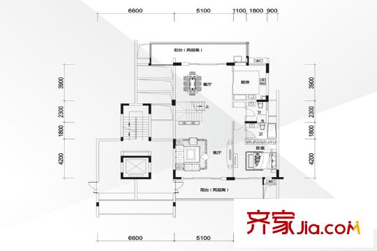 星河时代花园户型图叠墅II户型3层平面图 3室2厅1卫1厨