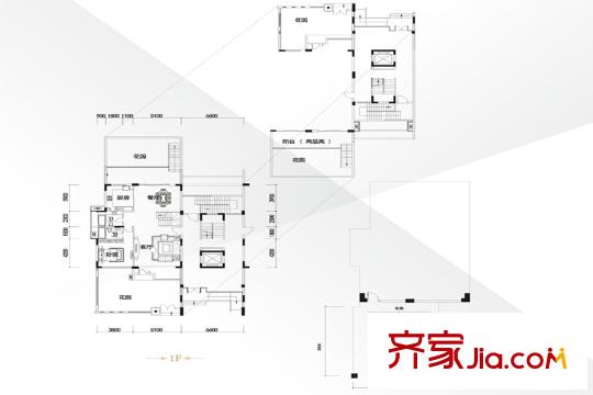 星河时代花园户型图叠墅IV户型1层平面图 3室2厅1卫1厨