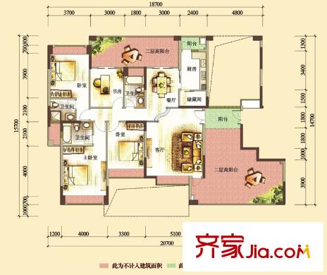 公园大地户型图23栋01户型偶数层 4室2厅3卫1厨