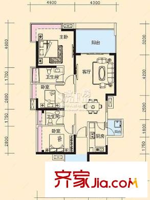 万象天成户型图5栋标准层A户型 3室2厅2卫1厨