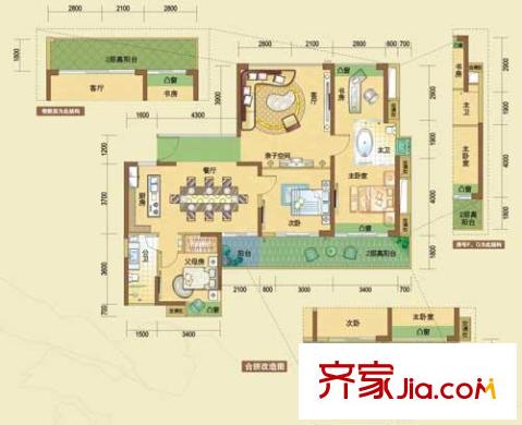 振业峦山谷户型图双景四房 4室2厅2卫1厨