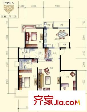 文成建筑户型图2号楼A户型 3室2厅2卫1厨