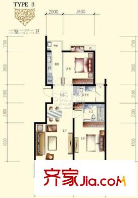 文成建筑户型图2号B户型 2室2厅2卫1厨