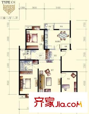 文成建筑户型图2号C1户型 3室2厅2卫1厨