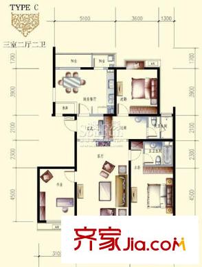 文成建筑户型图2号C户型 3室2厅2卫1厨