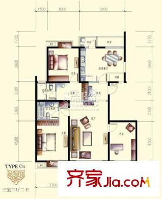 文成建筑户型图C反户型 3室2厅2卫1厨