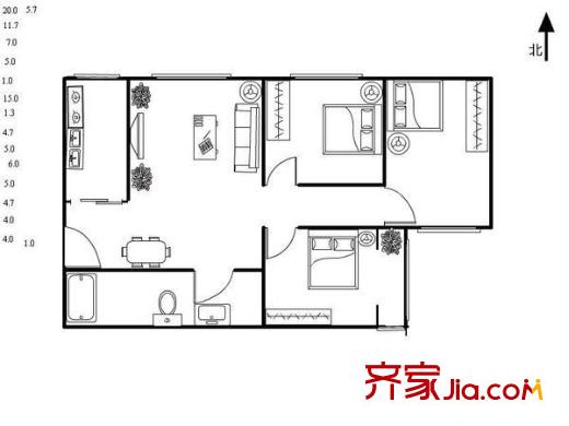 建茗苑户型图3室 户型图 3室2厅1卫1厨