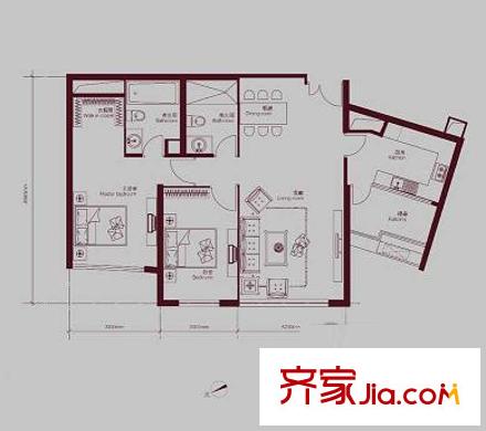 新城国际公寓二期户型图户型图 2室2厅1卫1厨