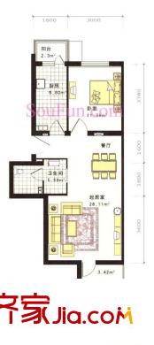 花都盛景宜兰园户型图二期S反户型 1室1厅1卫1厨
