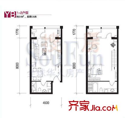 巴克寓所户型图二期魔界YB-2户型 1室2厅2卫1厨