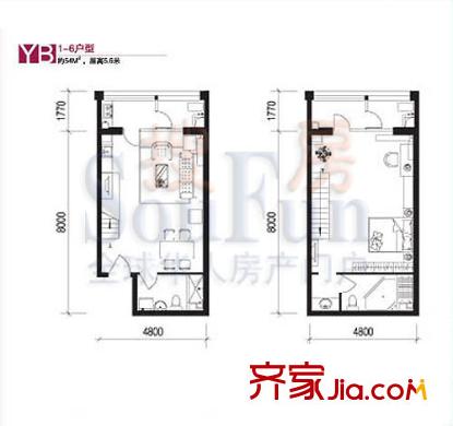 巴克寓所户型图二期魔界YB-6户型 1室2厅2卫1厨