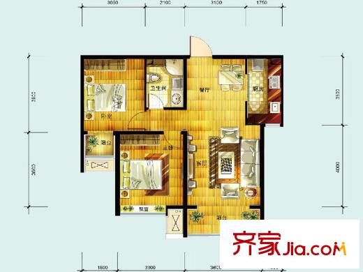 华远铭悦世家户型图B7户型(售罄) 2室2厅1卫1厨