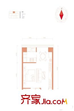 新北京中心49平B-5一居户型图 1室1厅1卫1厨