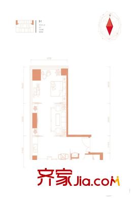 新北京中心83平B-1一居户型图 1室1厅1卫1厨