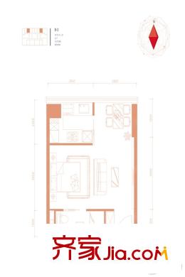 新北京中心59平B-3一居户型图 1室1厅1卫1厨