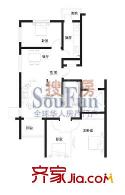 观景园户型图5#楼 I户型 3室1厅1卫1厨