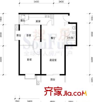 名都家苑户型图6号楼A4户型 2室2厅1卫1厨