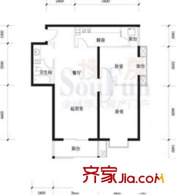 名都家苑户型图6号楼A4反户型 2室2厅1卫1厨