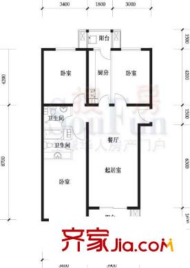 名都家苑户型图6号楼A1反户型 3室2厅2卫1厨