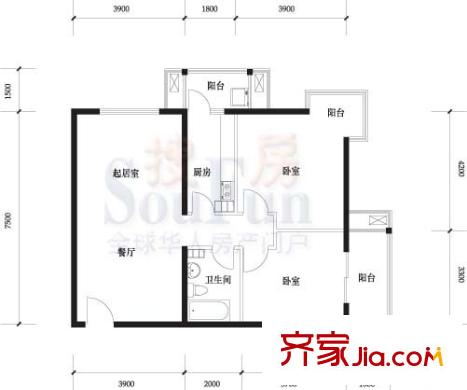 名都家苑户型图6号楼A3反户型 2室2厅1卫1厨