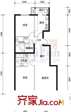 名都家苑户型图6号楼B户型 2室2厅1卫1厨