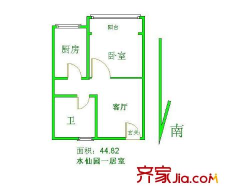 武夷花园水仙园户型图一居室44.82平米 1室1厅1卫1厨