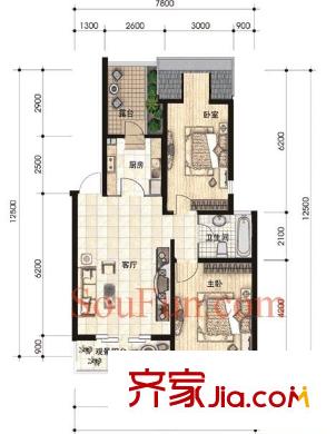 BOBO自由城一期户型图A4户型(已售完) 2室1厅1卫1厨
