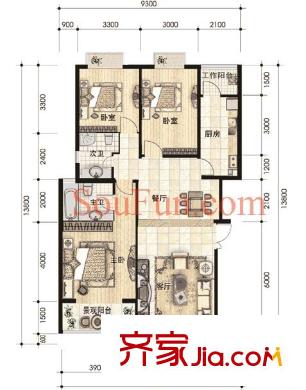 BOBO自由城一期户型图B1e户型 3室2厅2卫1厨