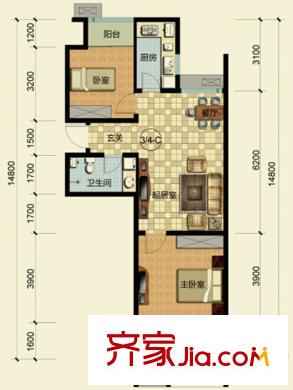 華通唐島七星3、4#C戶型 2室2廳1衛(wèi)1廚