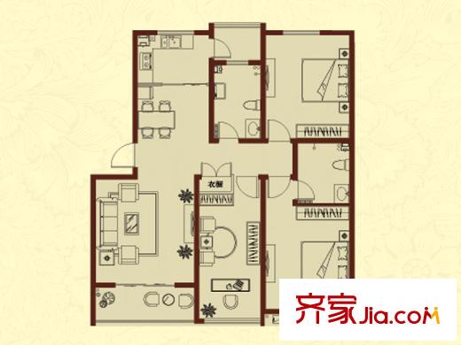 青島萬(wàn)德豐觀景苑1號(hào)樓A-3戶型 3室2廳2衛(wèi)1廚