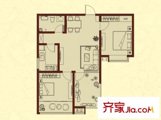 青島萬德豐觀景苑2號樓A-2戶型 3室2廳1衛(wèi)1廚
