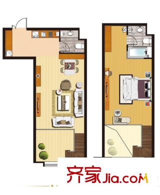 天齊天域藍灣1號樓標準層悅海雅致戶型圖 1室1廳2衛(wèi)1廚