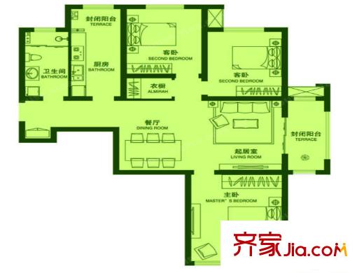 星河嘉園E戶型 3室2廳1衛(wèi)1廚
