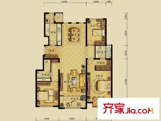 融科钧廷一期3A户型图 3室2厅2卫2厨