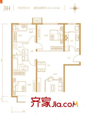 融科钧廷二期3H户型图 3室2厅2卫1厨