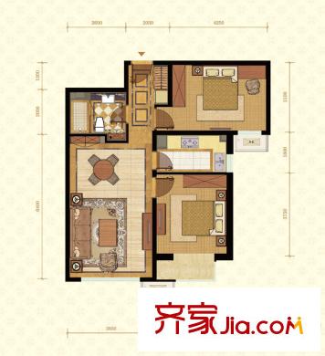 常楹公元1号楼D3户型(售罄) 2室2厅1卫1厨
