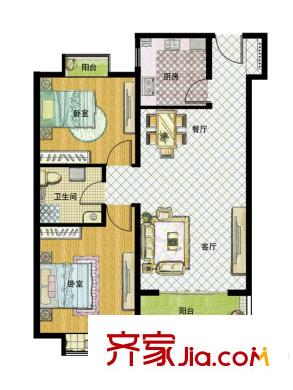 青島鳳凰城一期8#、9#、15標(biāo)準(zhǔn)層03戶型 2室2廳2衛(wèi)1廚