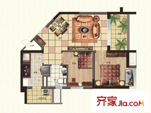 碧桂園十里金灘E區(qū)和B區(qū)觀海洋房J588 D戶型 2室1廳1衛(wèi)1廚