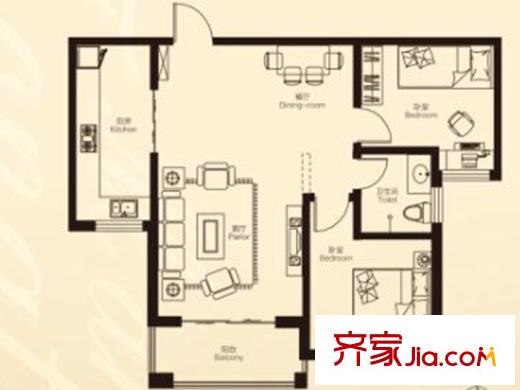 同泰華府一期高層1#-8#標準層萊茵迷情戶型 2室2廳1衛(wèi)