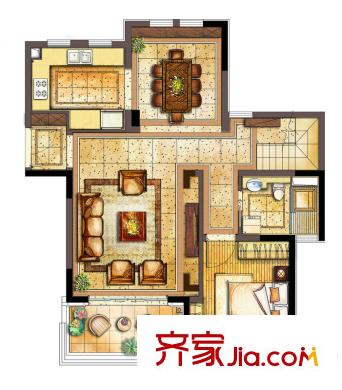 古北御庭戶型圖躍層A3-y(一層) 1室2廳1衛(wèi)1廚
