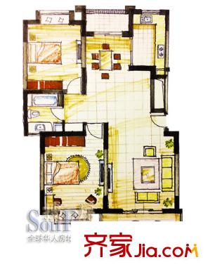 金港河滨华城户型图典雅小筑A2户型 2室2厅1卫