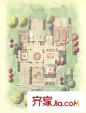 天马花园高尔夫别墅A户型一层 4室2厅4卫1厨