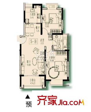 绿洲古猗新苑户型图5-B户型 2室2厅1卫1厨