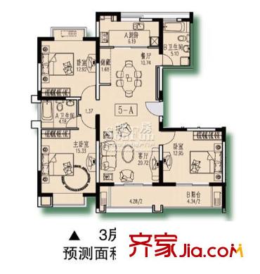 绿洲古猗新苑户型图5-A户型 3室2厅2卫1厨