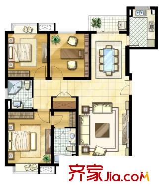 御景華庭戶型圖D戶型 3室2廳1衛(wèi)1廚