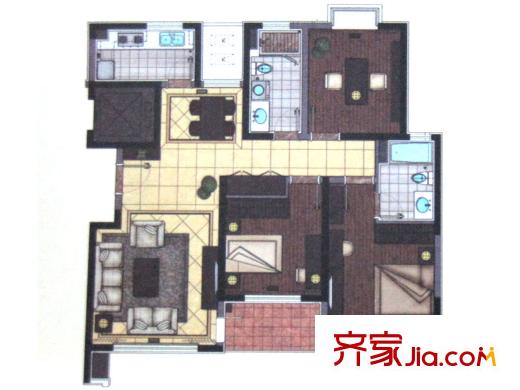 嘉乐东润舒庭4#128平三室二厅户型图 3室2厅2卫1厨