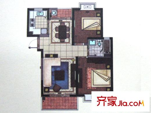 嘉乐东润舒庭6#88平二室二厅户型图 2室2厅1卫1厨